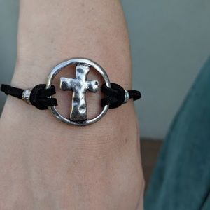 Silver Cross Bracelet with leather straps